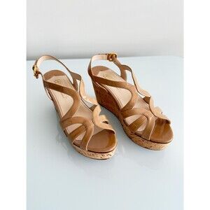 Prada Beige Patent Leather Cork Wedge Slingback Sandals Heels Size EU 39/US 8.5